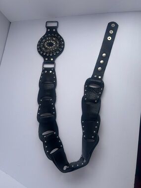 Black Studded Leather Waist Belt with Decorative Medallion